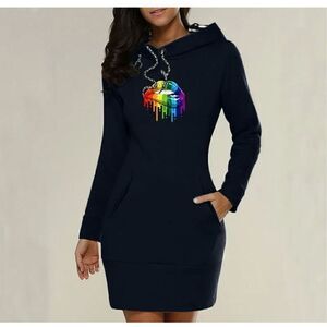 MAGICMK Women Long Sleeve Print Lips Slim Fitted Knee Length Sweatshirt with Poc